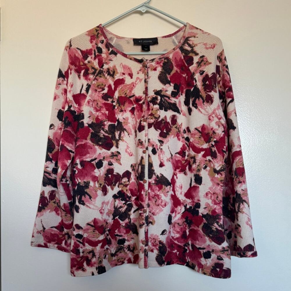 St. John Floral Print Cardigan Sweater with Jeweled Buttons Size Medium